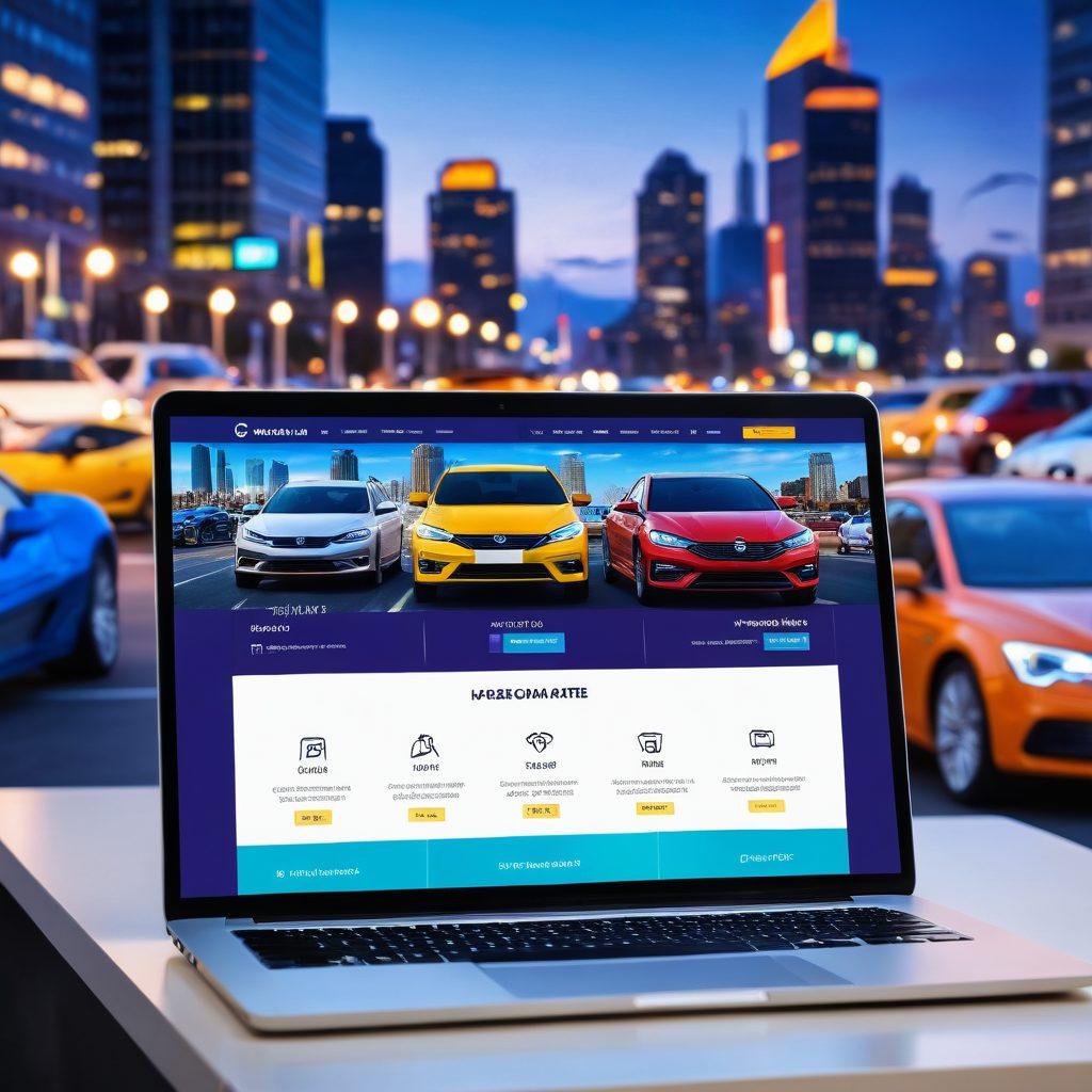 A sleek laptop screen displaying a dynamic car rental website interface with various car models available for booking, set against a backdrop of diverse, modern cars parked neatly at a vibrant cityscape. The scene should depict a person happily booking a car online, reflecting ease and excitement. futuristic. vibrant colors. ultra-modern style.
