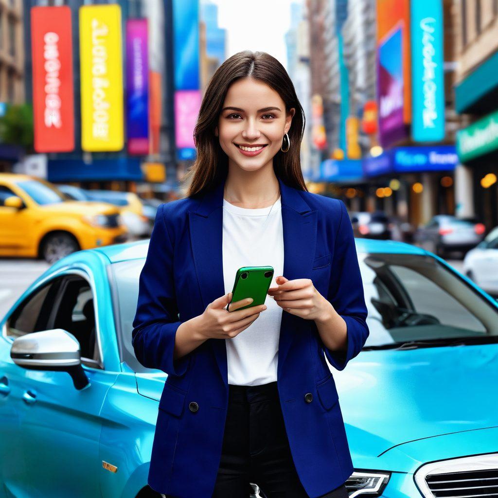 A confident traveler holding a smartphone with a car booking app on the screen, standing next to a sleek, modern car, smiling. Background shows a vivid cityscape with various car types and rental service signs. Style: vibrant colors, super-realistic, detailed.