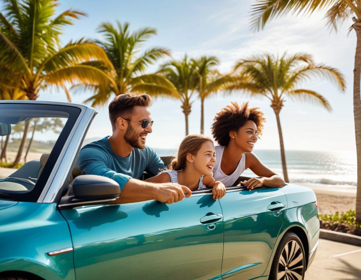 A happy family comfortably traveling in a modern car with a serene, picturesque landscape visible through the windows. The car is parked by a beach, and a laptop on the dashboard displays a completed online car rental booking page. Clear skies and radiant sunlight. super-realistic. vibrant colors.